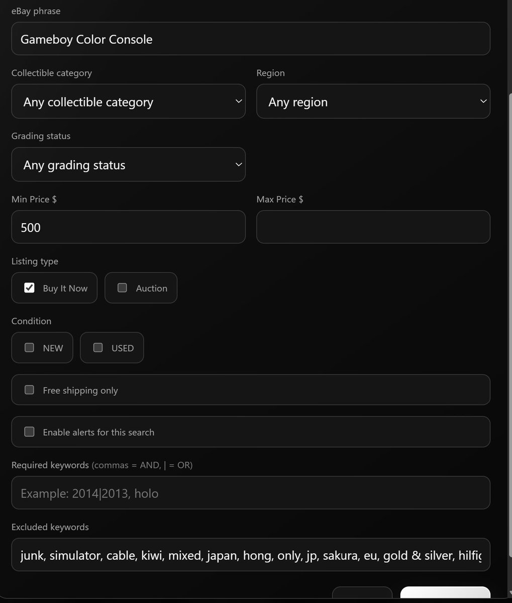 RareAlert Radar saved search filters showing a highly customized collector search